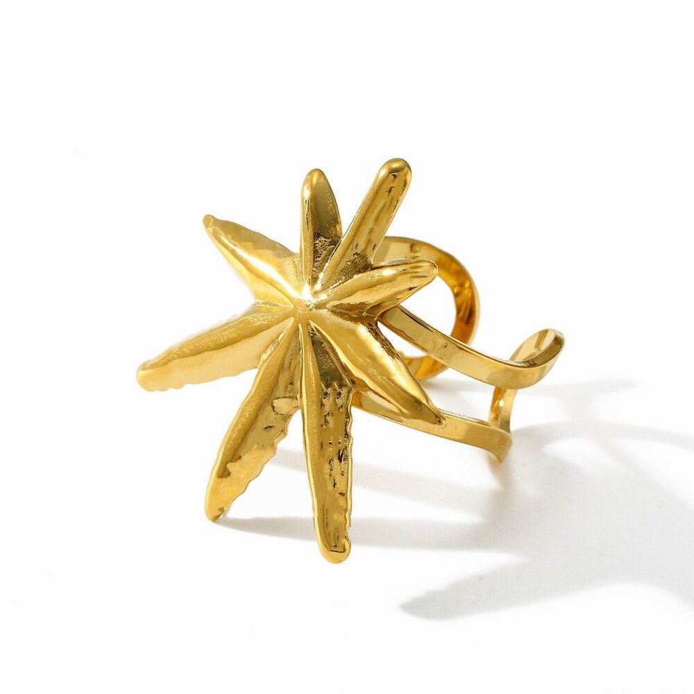 18K Gold Plated Starburst Statement Ring PVD Stainless Steel Open Adjustable